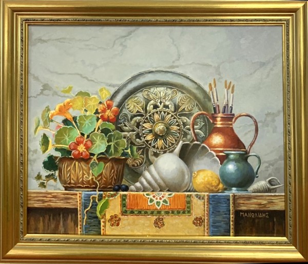 THEODOROS MANOLIDIS - Still Life with Flowers and Seashells